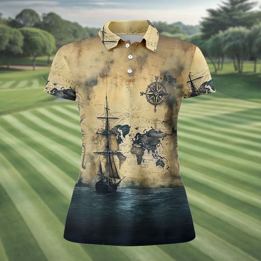 Maxcorners Vintage Ship Map Compass Ocean Golf Shirt, Golf Tops For Women, Women’s Golf Apparel LM1507