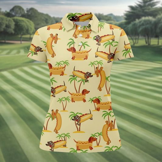 Maxcorners Funny Hot Dog Dachshund Tropical Hawaiian Golf Shirt, Golf Polo For Women, Printed Golf Shirt LM1507
