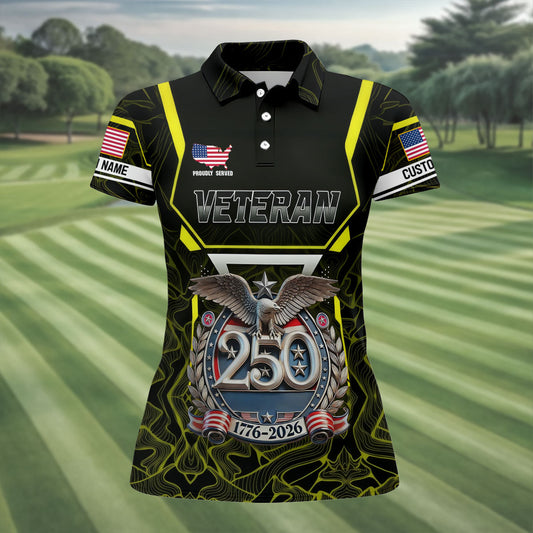 Maxcorners Personalized Veteran America 250 Polo Shirt Yellow Accent, Golf Shirts For Women, Women’s Golf Apparel LM1507
