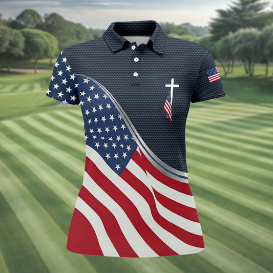 Maxcorners Christian American Flag Cross Golf Polo Shirt, Women's Golf Polo, Golf Tops For Women LM1507