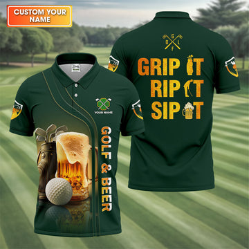 Maxcorners Grip It Rip It Sip It Golf And Beer St Patrick's Day Green Golf Shirts For Men, Golf Gift For Men