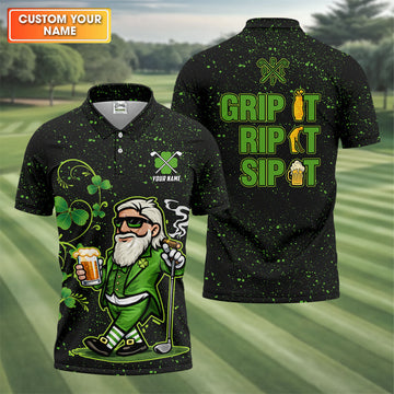 Maxcorners Grip It Rip It Sip It St Patrick's Day Leprechaun Golf And Beer Shamrock Golf Shirt, Golf Shirts For Men