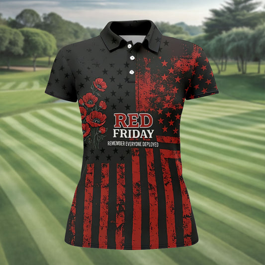 Maxcorners Red Friday American Flag Poppy Golf Polo Shirt, Ladies Golf Shirt, Golf Tops For Women LM1507