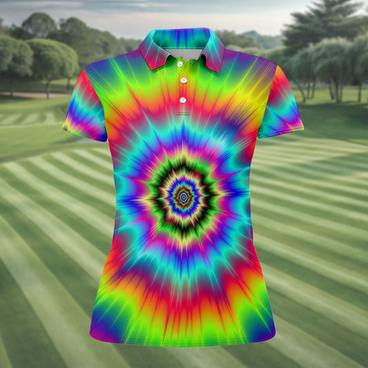 Maxcorners Rainbow Tie Dye Golf Shirt, Psychedelic Spiral Burst Pattern, Golf Shirt For Women LM1507