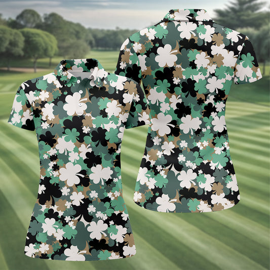 Maxcorners Irish Camo St. Patrick’s Day Shamrock Golf Shirt, Women's Golf Tops, Ladies Golf Polos