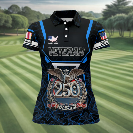 Maxcorners Personalized Veteran America 250 Polo Shirt Blue Accent, Golf Polo For Women, Ladies Golf Tops LM1507
