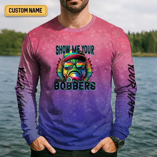 Maxcorners Show Me Your Bobbers Shirt, Pink Purple Neon Men Fishing Shirt, Funny Fishing Shirt, SPF Shirt