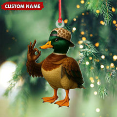 Maxcorners Personalized Cool Duck Christmas Ornament, Custom Name Mallard Wearing Hat, Funny Hipster Duck Tree Decoration