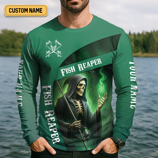 Maxcorners Fish Reaper Fishing UPF Shirts, Best Fishing Gifts, Custom Fishing Shirt, Hello Darkness My Old Friend