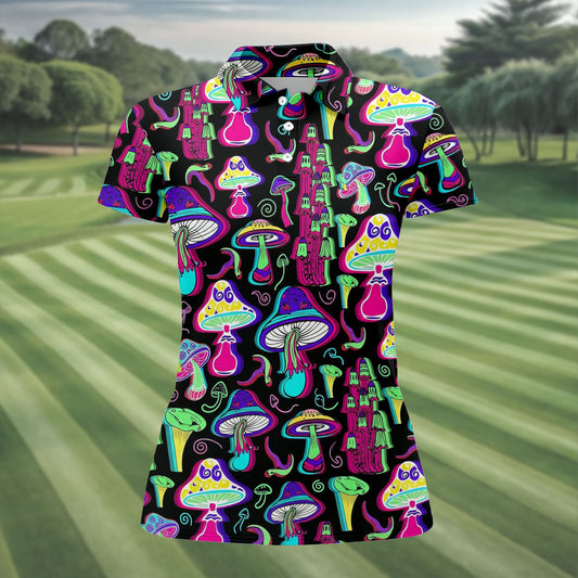 Maxcorners Black Neon Mushroom Pattern Golf Shirt, Women’s Golf Polo, Golf Shirts For Women, Performance Golf Shirt LM1507