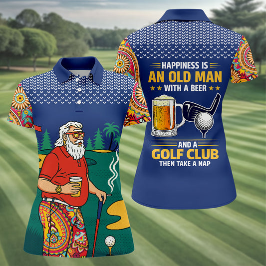 Maxcorners Retro Bearded Golfer Holding Beer Golf Polo Shirt, Women’s Golf Apparel, Ladies Golf Tops LM1507
