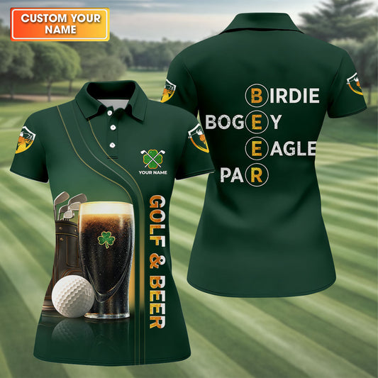 Maxcorners Birdie Bogey Eagle Par Golf And Beer St Patrick's Day Green Women's Golf Tops, Ladies Golf Polos