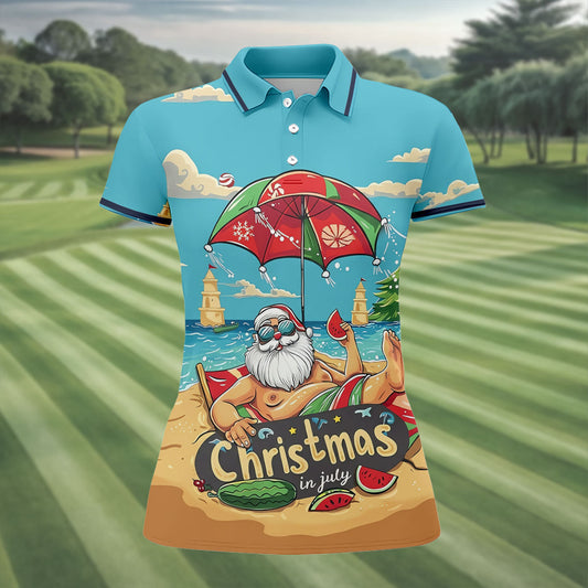 Maxcorners Christmas In July Santa Beach Christmas Golf Shirt, Women's Golf Tops, Hawaiian Golf Shirt, Printed Golf Shirt LM1507