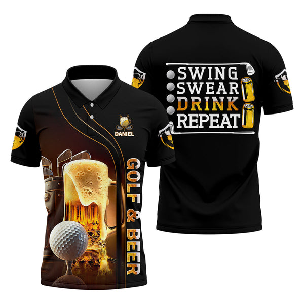 Maxcorners Swing Swear Drink Repeat Funny Golf Polo Shirt, Mens Golf Gift, Golf Lover Gift
