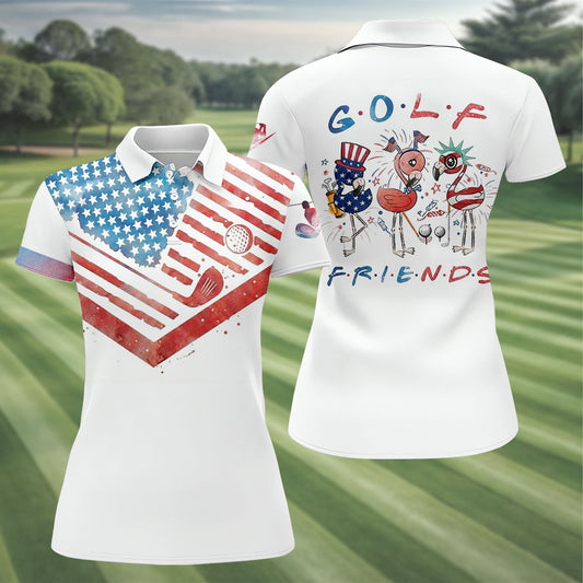 Maxcorners Vintage American Flag Golf Polo Shirt, Ladies Golf Shirts, Golf Polo For Women LM1507