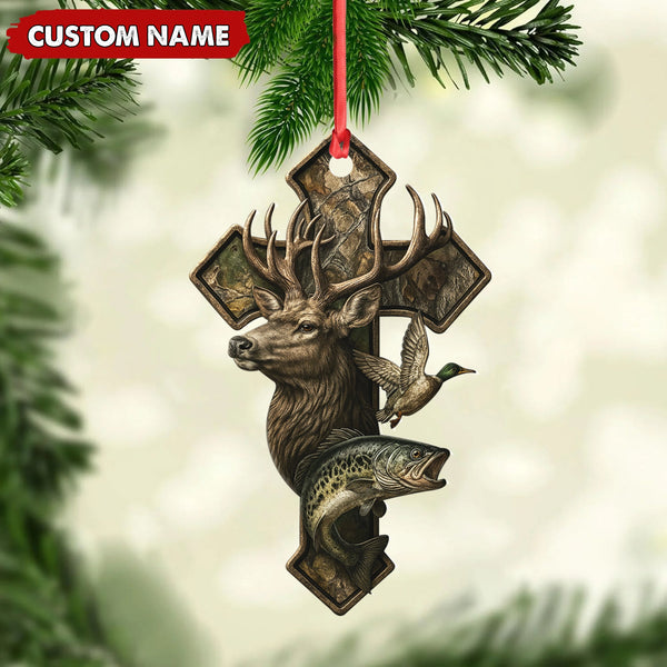 Maxcorners Personalized Hunter Acrylic Ornament - Deer, Duck & Fish Cross Design for Christmas Tree Decor LM0411