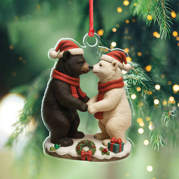 Maxcorners Christmas Bear Couple Figurine Acrylic Ornament – Cute Holiday Decor for Couples, Polar and Brown Bear Love Statue, Romantic Christmas Gift for Him or Her
