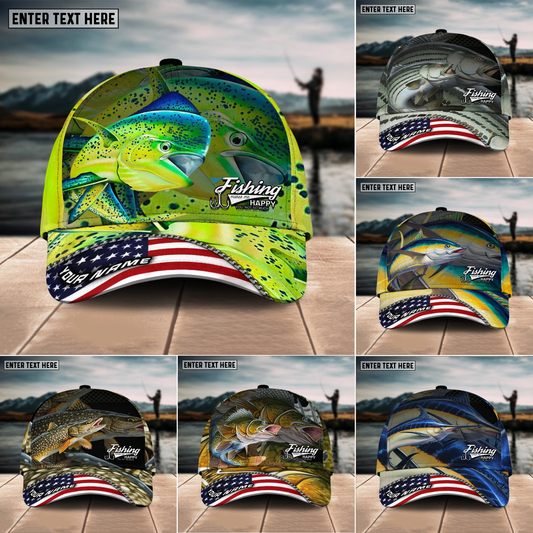 Maxcorners Fishing Fishing Make Me Happy Skinfish Flag Of US Sport Pattern Personalized Name 3D Cap (11 Breeds)