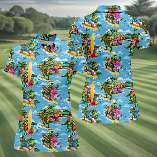 Maxcorners Hawaiian T Rex Surfboard Beach Hawaiian Golf Shirt, Golf Polo For Women, Printed Golf Shirt LM1507