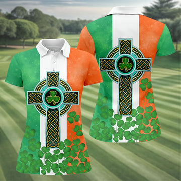 Maxcorners Celtic Cross Knotwork St Patrick's Day Shamrock Golf Shirt, Women's Golf Tops, Ladies Golf Shirts