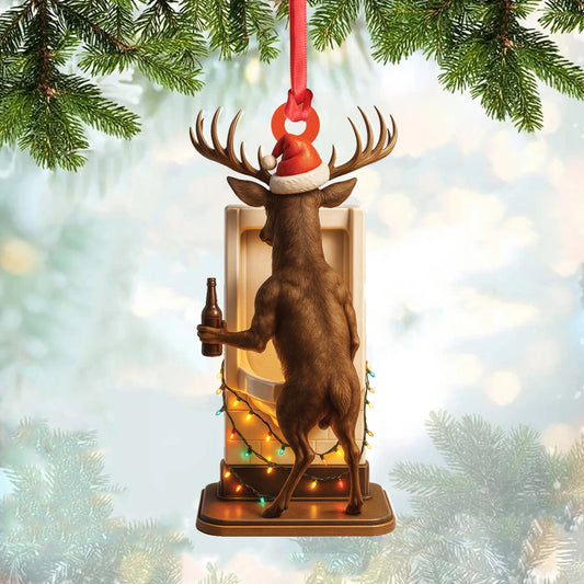Maxcorners Personalized Acrylic Deer Christmas Ornament - Funny Buck with Santa Hat Drinking Beer by Urinal Holiday Decor LM0110