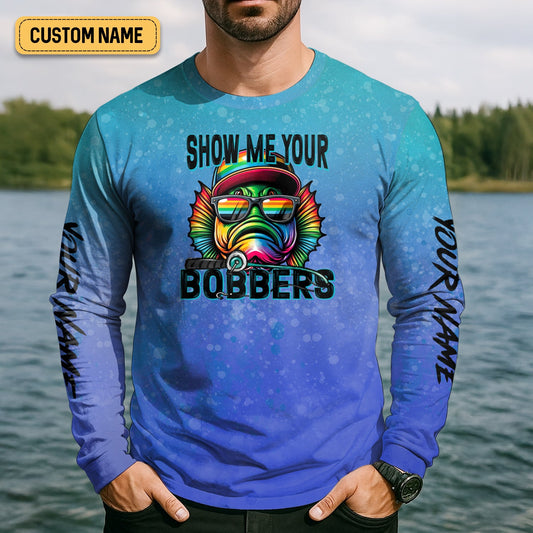 Maxcorners Show Me Your Bobbers Shirt, Blue Neon Men Fishing Shirt, Funny Fishing Shirt, SPF Shirt
