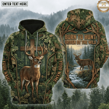 Maxcorners Deer Hunting Born To Hunt Driven By The Wild Cross Faith Buck Forest River Camo Hoodie Personalized Your Name 3D Hoodie