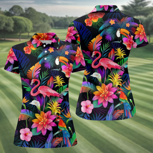 Maxcorners Colorful Tropical Birds And Flamingo Golf Shirt, Golf Polo For Women, Printed Golf Shirt LM1507