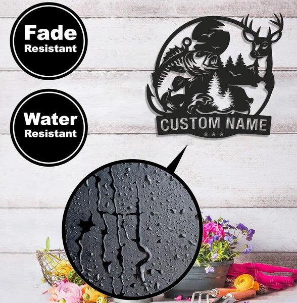 Maxcorners Personalized Deer and Fish Hunting Metal Sign WITH LED/WITHOUT LED, Rustic Cabin Wall Decor, Wildlife Outdoor Lodge Gift LM0110
