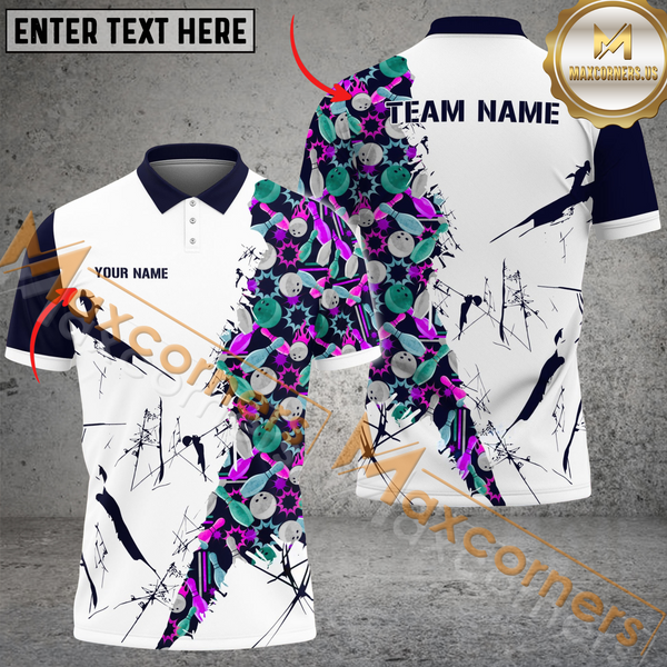 Maxcorners Happy Bowler Pattern Bowling Jersey Multicolor Option Customized Name, Team Name 3D Polo Shirt