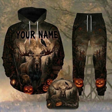Maxcorners Hunting Halloween Moose Hunter Brown Forest Personalized 3D Combo Hoodie, Sweatpants Set & Cap
