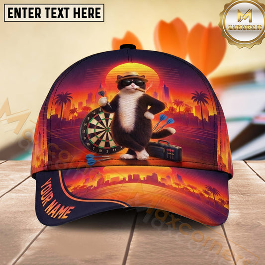 Maxcorners Darts Cool Cat Sunset City Personalized Name 3D Classic Cap