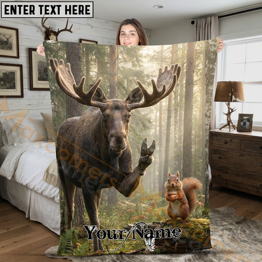 Maxcorners Funny Moose and Squirrel Selfie in Sunny Forest Personalized 3D Blanket
