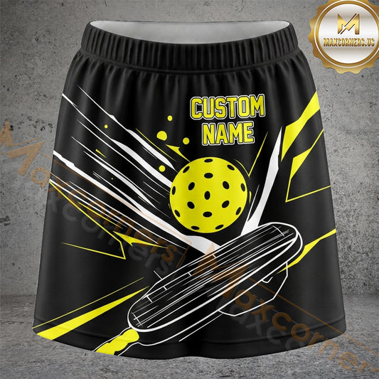 Maxcorners Pickleball Black Yellow Speed Line Ball Personalized 3D Skort, Skirts With Shorts