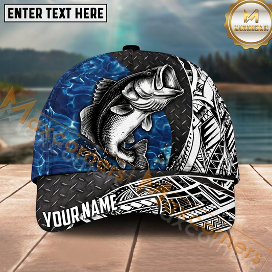 Maxcorners Fishing Blue Water Tribal Metal Personalized Name 3D Cap (12 Fish Species)