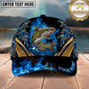 Maxcorners Fishing Blue Flame Gold Accent Personalized Name 3D Shirt (13 Fish Species)