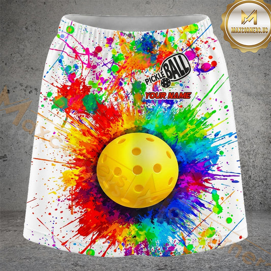 Maxcorners Pickleball Rainbow Paint Burst Ball Personalized 3D Skort, Skirts With Shorts