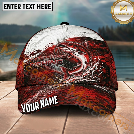 Maxcorners Fishing Red White Scale Brush Splash Personalized Name 3D Cap (12 Fish Species)