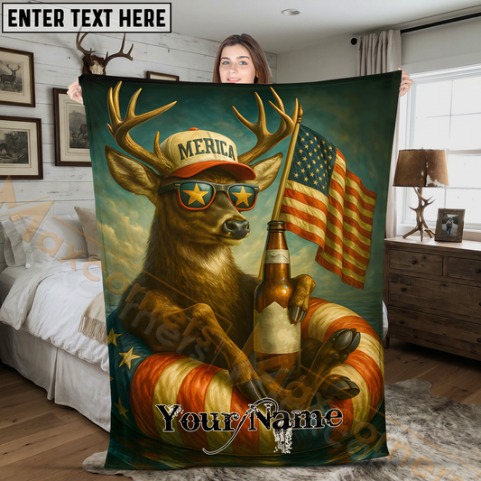 Maxcorners Patriotic Whitetail Deer Merica Cap Floating with Beer Personalized 3D Blanket