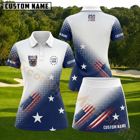 Maxcorners Patriotic Stars and Stripes Personalized Name 3D Golf Shirt and Golf Skirt