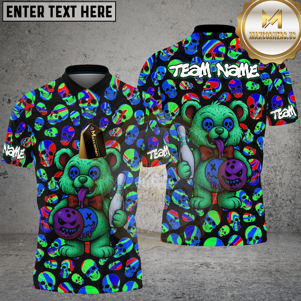 Maxcorners Bowling Shirt Crazy Cartoon Teddy Bear Bowling Ball Multioptions Personalized Name, Team Name Unisex 3D Shirt (4 Colors)