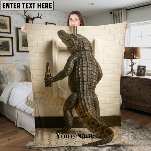 Maxcorners Funny Alligator Drinking Beer at Bathroom Urinal Personalized 3D Blanket