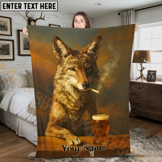 Maxcorners Badass Coyote Smoking Cigar with Beer Mug Personalized 3D Blanket