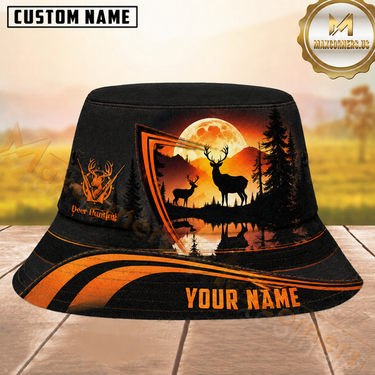 Maxcorners Deer Hunting Orange Sunset Stag Scene Personalized Name 3D Bucket Hat