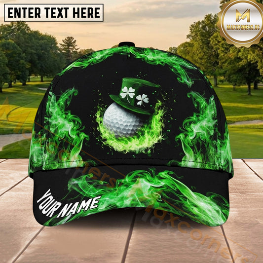 Maxcorners Golf Lucky Shamrock Ball Green Flame Personalized Name 3D Classic Cap