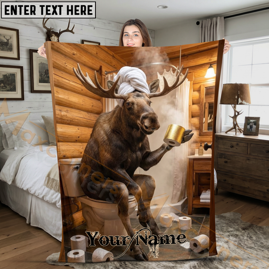 Maxcorners Humorous Moose Sitting on Toilet with Gold Paper Personalized 3D Blanket