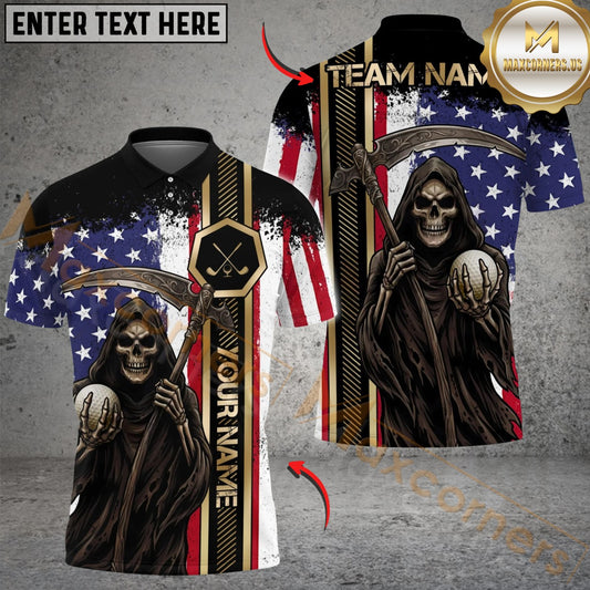 Maxcorners American Skeleton Golfer Polo Customized Name, Team Name 3D Shirts