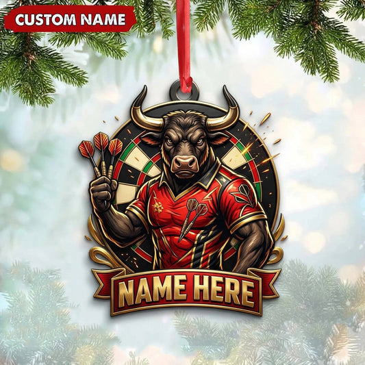 Maxcorners Darts Lover Muscular Bull Mascot, Shield Crest, Name Banner Personalized Name Ornament 2D Flat