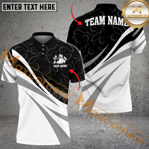 Maxcorners Bowling Ball & Pins Ribbon White Pattern Multicolor Option Customized Name, Team Name 3D Polo Shirt