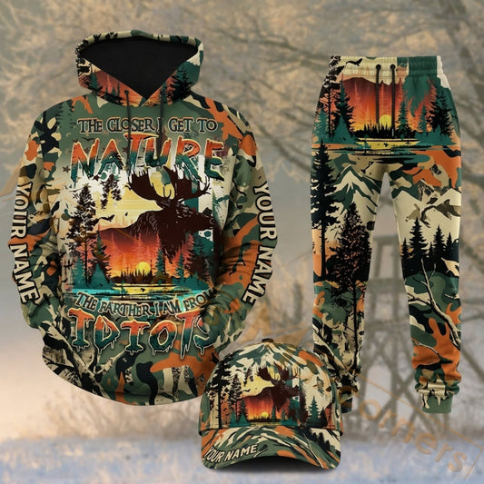 Maxcorners Hunting Nature Forest Wildlife Sunset Camo Personalized 3D Combo Hoodie, Sweatpants Set & Cap